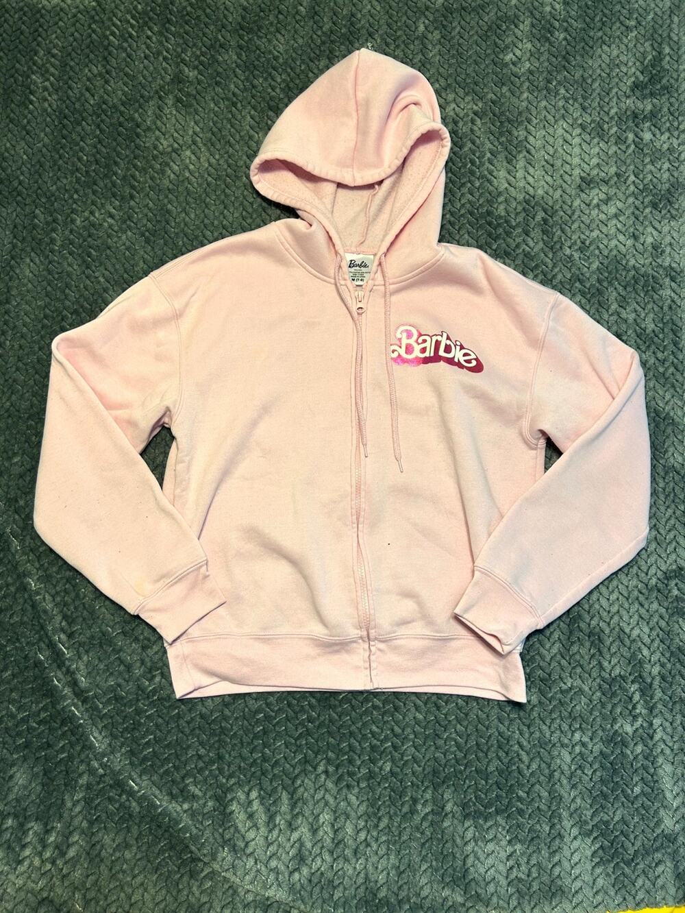 Barbie Zip-Up Hoodie Youth Kids Medium 7-9 Light Pink Graphic Back Fleece Lined